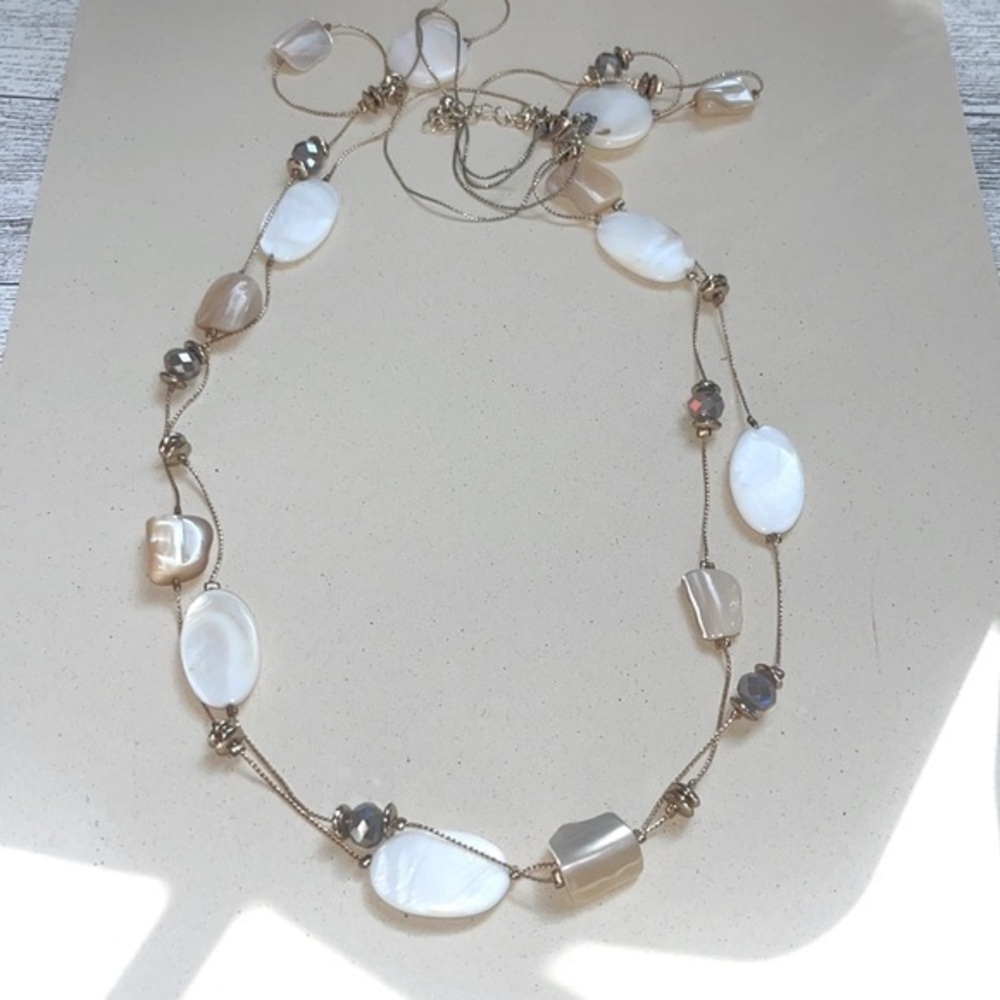 Cream and tan double strand abalone long necklace